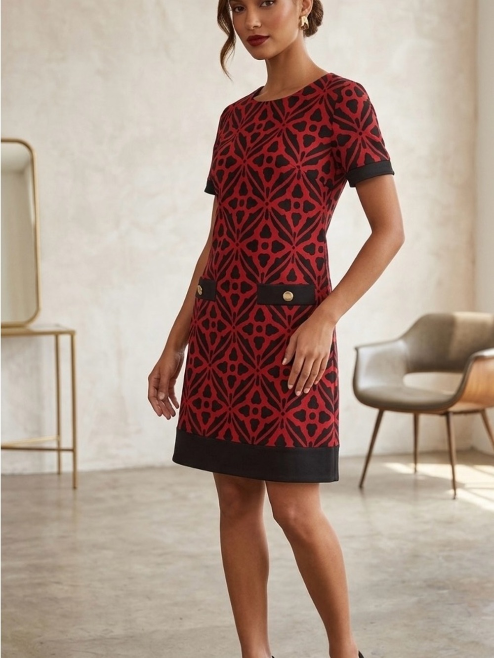 Enfocus Studio Red and Black Patterned Mini Shift Dress